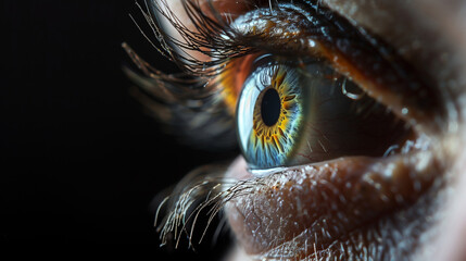 Close up of a wide open human eye on black background 