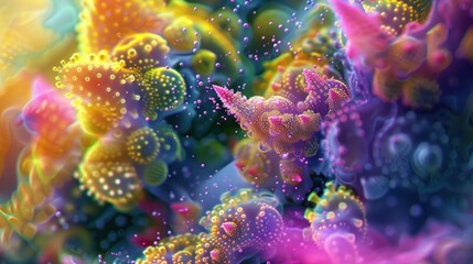 An abstract image featuring vibrant colorful forms with scattered iridescent bubbles