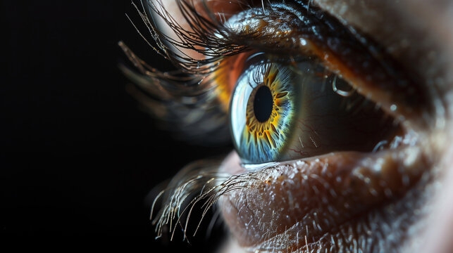 Close up of a wide open human eye on black background 