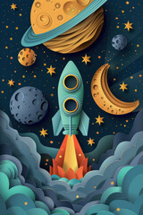 Paper Cut Style Rocket to the Moon