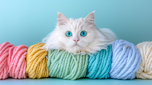 Adorable white cat with bright blue eyes and knitting yarn in different colours, isolateed in light blue background
