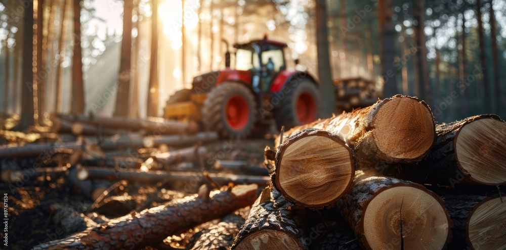 Poster A Stack of Logs in a Sun Dappled Forest With a Tractor Blurred in the Background