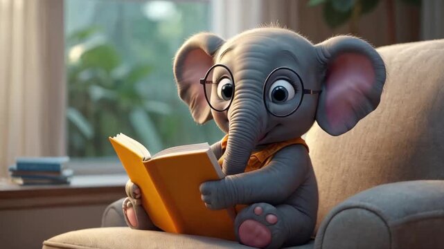 Cute elephant reading a book at home learning