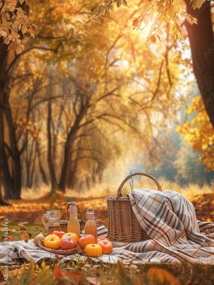 Poster an autumn picnic scene with a blanket spread on the ground, a basket full of food and drinks, surrou