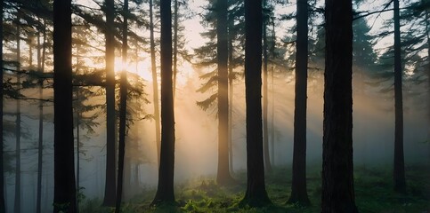 A Gentle Sunrise Over A Misty Forest