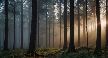 Fototapeta premium A Gentle Sunrise Over A Misty Forest
