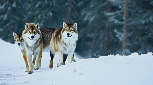 A pack of wolves is gathered in the snowy landscape, braving the cold winter weather