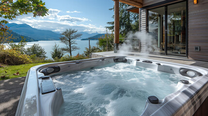 A telephoto angle photo of a luxurious jacuzzi bubbling, with steam rising and a scenic view in the background, with copy space