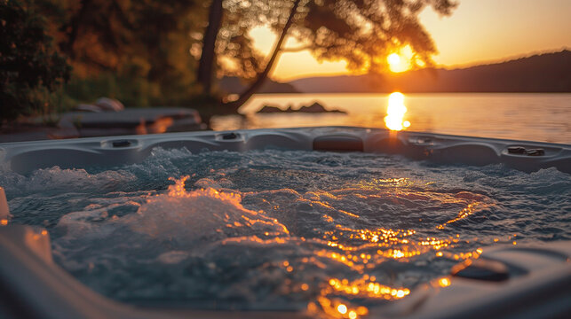 A telephoto angle photo of a jacuzzi at sunset, with the warm glow of the sun reflecting on the water, surrounded by nature, with copy space