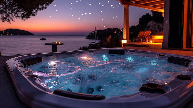 A telephoto angle photo of a jacuzzi at night, with LED lights illuminating the water and stars visible in the sky, with copy space