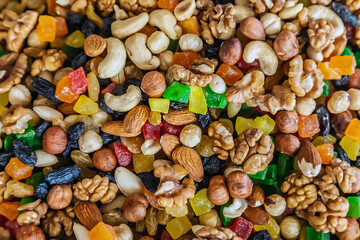 Mix of different kind of nuts and dried fruits, almond, walnut, hazelnut, cashew, peanut, light and dark raisins. Top view, close up. Healthy food, superfood, organic products, background, promo, eco