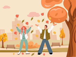 A happy young couple joyfully throw up bright autumn leaves in autumnal park . A delightful celebration of seasonality. Vector illustration