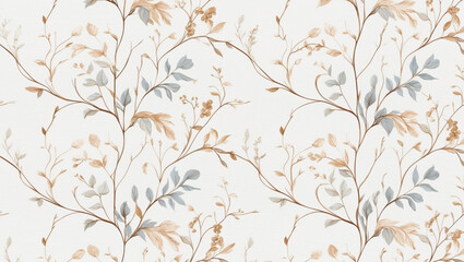 Seamless Abstract Watercolor Floral Pattern With Grey and Beige Leaves on White Background