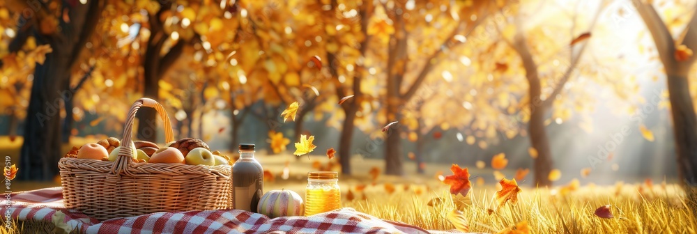 Poster a wicker basket filled with food and drink sits on a red and white checkered blanket in a forest. go