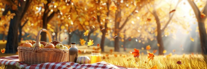 A wicker basket filled with food and drink sits on a red and white checkered blanket in a forest. Golden leaves fall from the trees behind the basket, creating a picturesque scene.