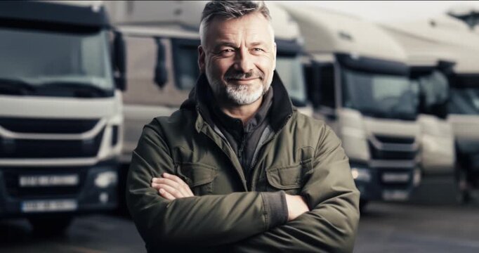 cargo truck lorry delivery driver elderly senior man standing in van parking concept of driver operator industry transportation logistic transit business, driver occupation and training