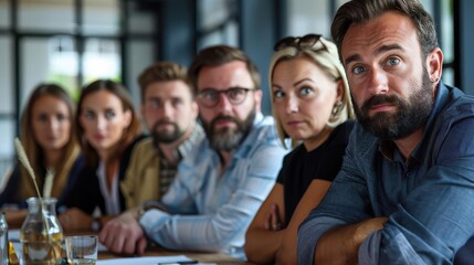A diverse group of professionals engaged in a serious discussion around a conference table, highlighting teamwork and collaboration.