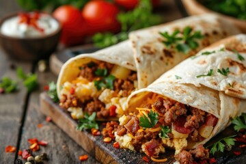 Burrito Breakfast. Spicy Chorizo and Egg Burrito with Cheese and Potatoes