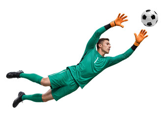 Football goalkeeper doing leap jump to catch a ball, isolated background