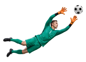 Football goalkeeper doing leap jump to catch a ball, isolated background