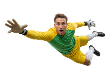 Soccer goalie in dynamic leap jumping pose with one hand to reach a ball, isolated background
