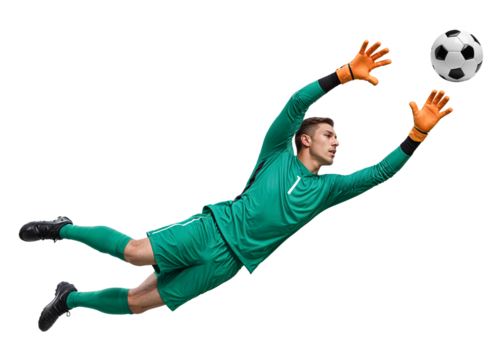 Football goalkeeper doing leap jump to catch a ball, isolated background
