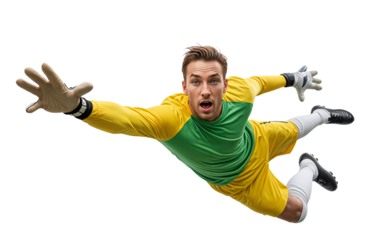 Soccer goalie in dynamic leap jumping pose with one hand to reach a ball, isolated background