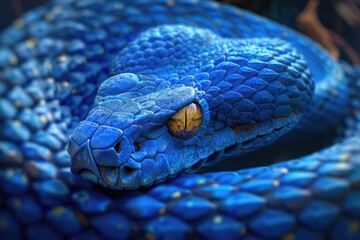 Blue Snake Skin. Exotic Jungle Predator with Golden Eyes in Dangerous Stare