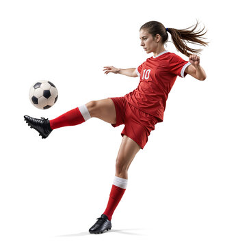 Fototapeta Female soccer player doing midair kick, wearing red jersey with long hair