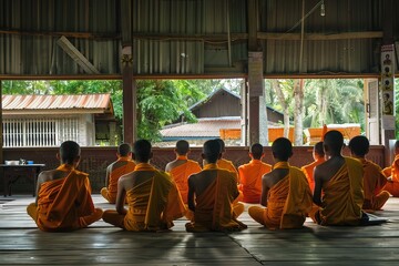 Buddhist novice monks in training session at rural temple