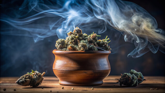 A still life of a ceramic pot filled with lit marijuana joints and a haze of smoke surrounding it against a dark blurred background.
