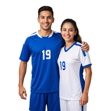 Man and woman couple partner in blue and white football jersey, isolated background