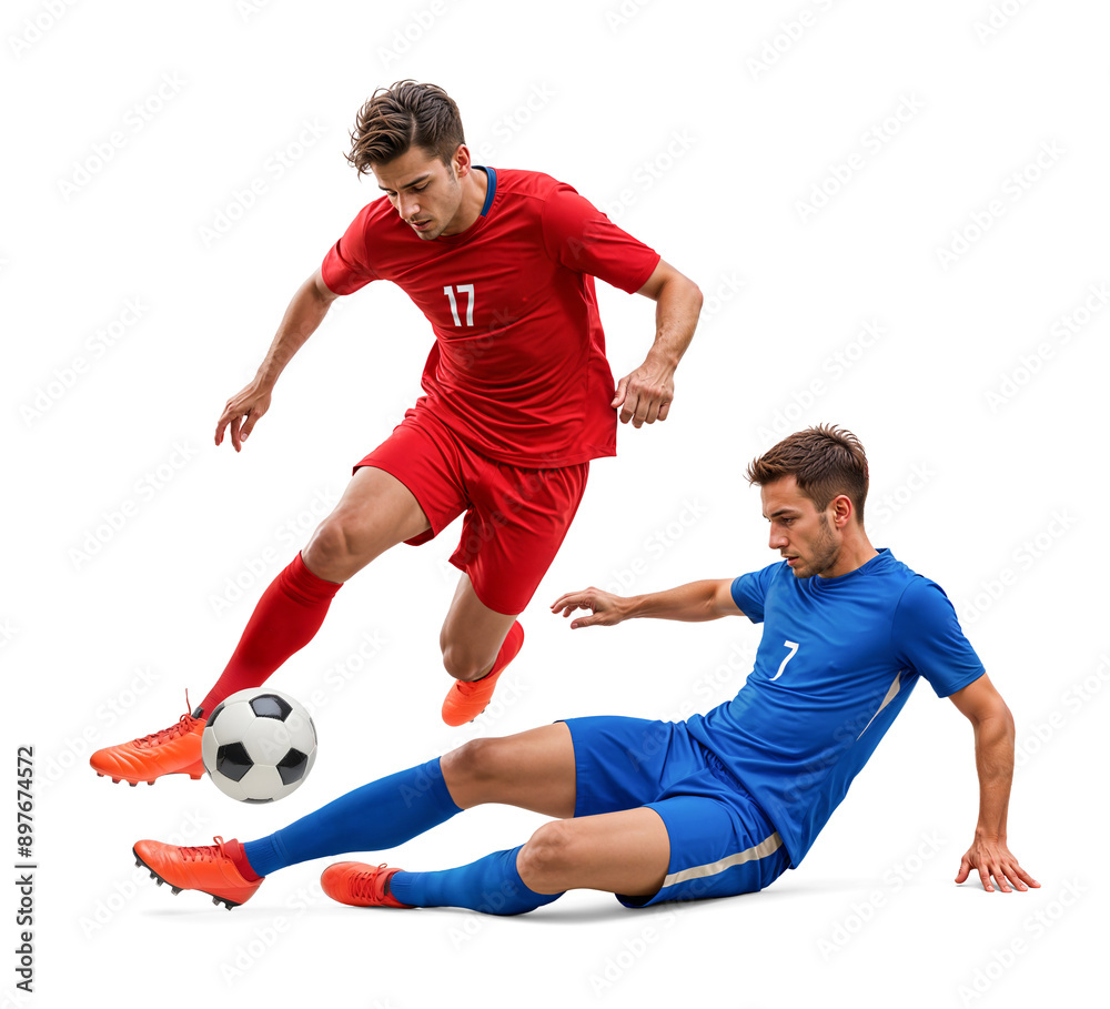 Wall mural Dynamic action pose of two football player doing sliding tackle on isolated background