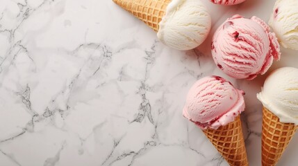 Delicious ice cream scoops on marble table with waffle cones close up shot and empty space for message