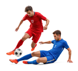 Dynamic action pose of two football player doing sliding tackle on isolated background