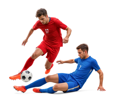 Dynamic action pose of two football player doing sliding tackle on isolated background - Powered by Adobe