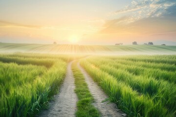 Fototapeta premium Empty Wheat Field. Countryside Dirt Road Through Green Wheat Fields at Sunrise