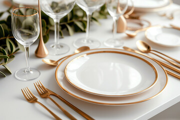 Elegant table setting with white and gold crockery, glasses, cutlery, and decorative greenery for Christmas dinner party, luxury dining concept