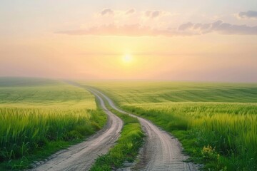 Empty Wheat Field. Countryside Road Through Green Wheat Fields in Natural Sunrise Scenery