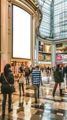 empty poster mockup in the large mall, white empty poster for copyspace, modern background,