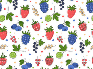Various Berry fruit seamless Pattern. Abstract Doodle Strawberry, Blackberry, Raspberry, blueberry, currant, gooseberry. Summer fresh juicy berries background. Pattern for Food packaging design, menu