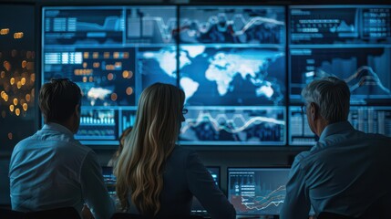 A team of professionals monitor a large screen displaying a world map and data visualizations.