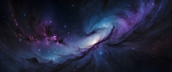 A stunning, vibrant galaxy background featuring swirling clouds of iridescent blue and purple gas, illuminated by a multitude of twinkling stars that gradate in size and intensity, set against a deep,