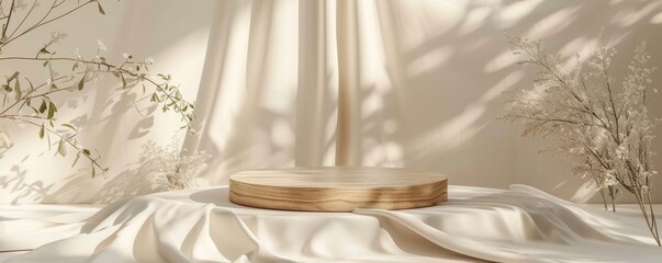 Round wooden podium with soft cream-colored fabric and green plants in natural sunlight