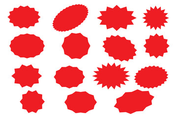 Starburst sale price stickers and labels, star and rosette, sunburst, callout and splash, stamp and tag badges. Isolated vector circle and oval red stickers, promo labels and tags with scalloped edges