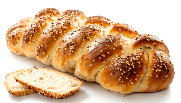Cut homemade braided bread isolated on white. Traditional Shabbat challah