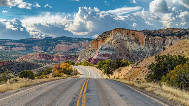 New Mexico Road. Perspective of a Scenic Highway Leading to Colorful Cliffs in Abiquiu