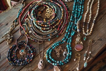 Assorted handmade jewelry displayed on wood, showcasing unique beaded and wire-wrapped craftsmanship