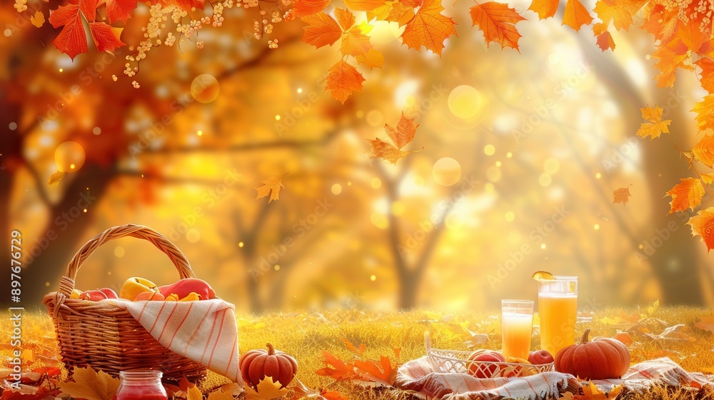 Poster A wicker basket filled with apples, a red plaid blanket, and two glasses of juice rest on a fallen log in a golden autumn forest.