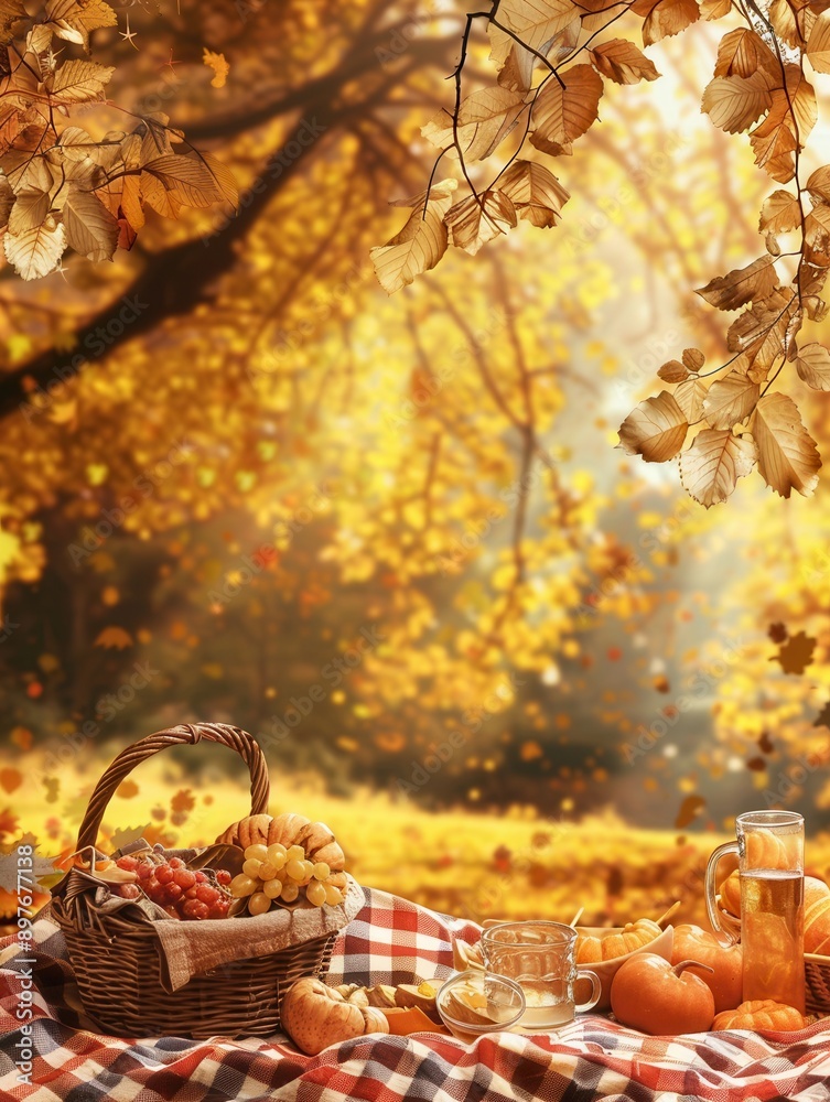 Poster a basket full of food and drinks sits on a red and white checkered blanket in a forest with golden l